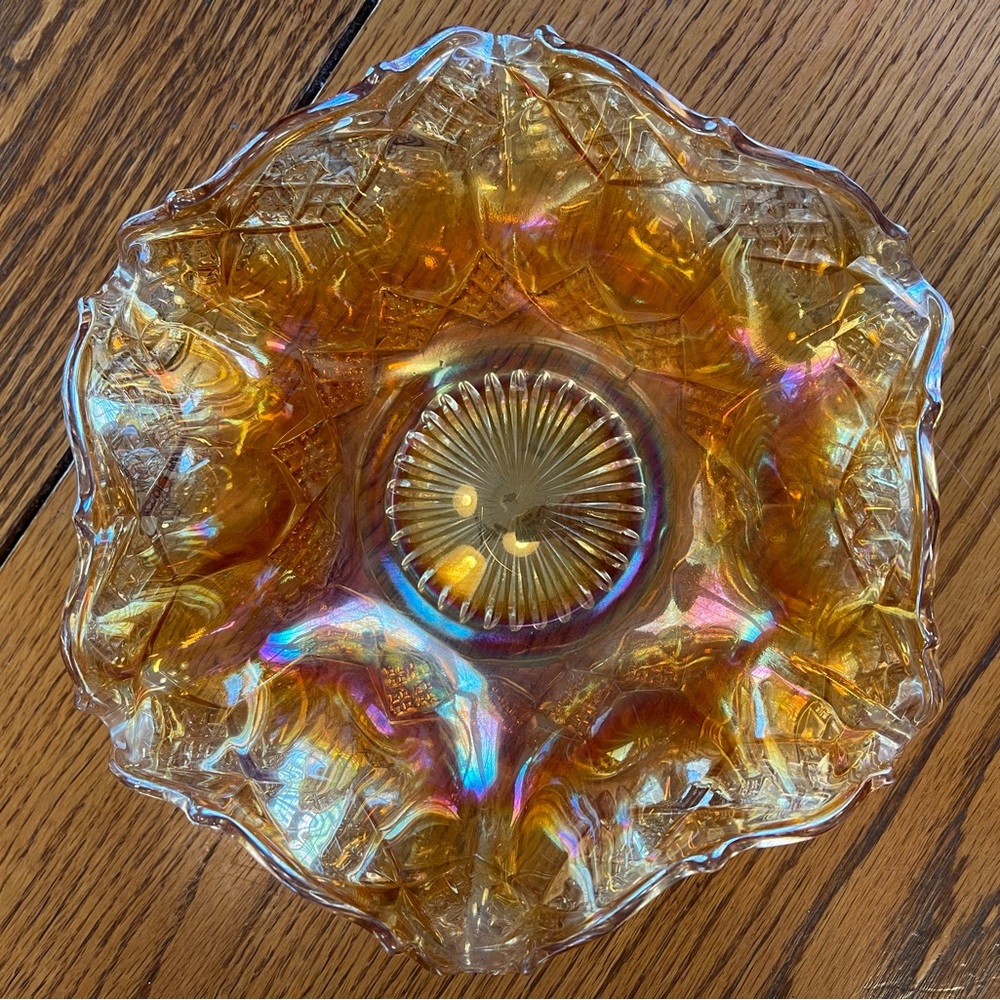 ☀️ Vintage Indiana Glass Co. Marigold “Three In One” Carnival Oval Bowl Compote